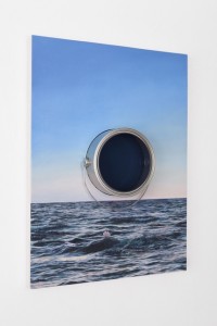 Conor Backman, Your Sun and Shadow, 2015.  Oil and canvas over panel, modified paint can, rear-painted plexi, 23 x 17.  Evelyn Yard, London.